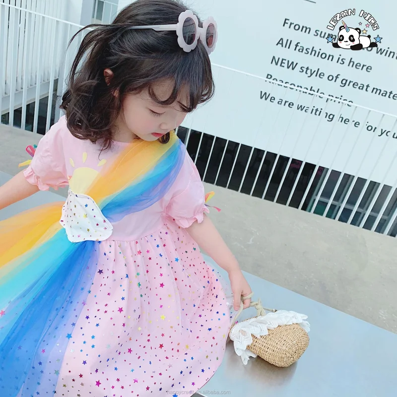 LEZONKIDS - 2023 New Summer Rainbow Clouds Rainbow Colors Stars Mesh Dress  Girl Dresses For Kids